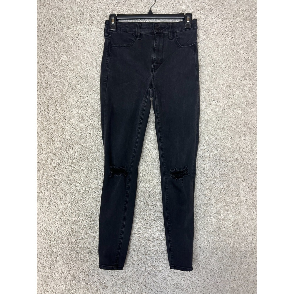 American Eagle Jeggings Jeans Womens 4 Black Distressed Skinny Holes High Rise
